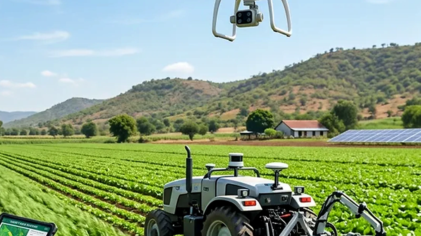 Feld mit automatisiertem Traktor und Agrardrohne als Symbol für moderne Landwirtschaft